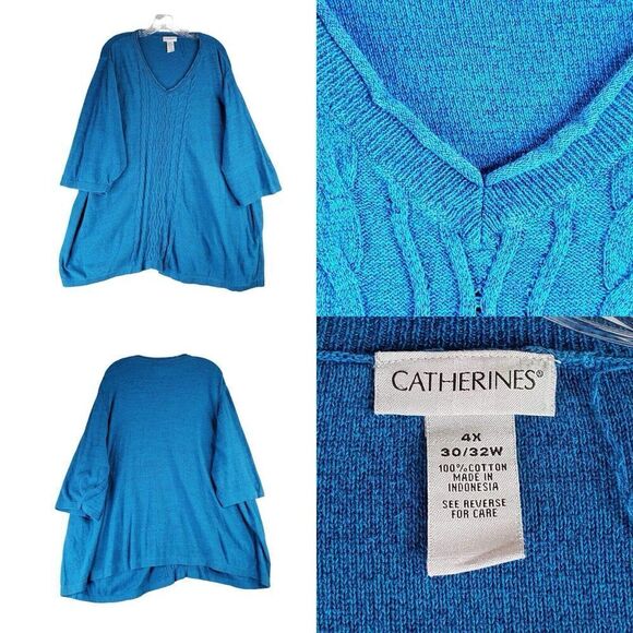 Catherines Shirt Top Women's Plus Size 4X Blue 3/4 Sleeve Pullover Cable Knit - Picture 1 of 8